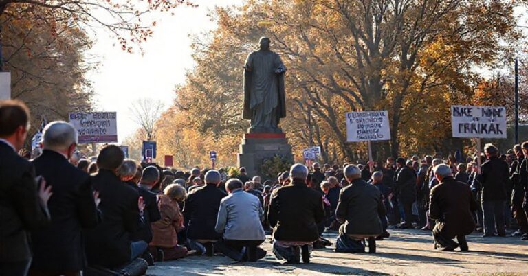 Katolicka procesja modlitwy w Minnesocie z wizerunkiem Chrystusa Króla i protestami wyborczymi Mike'a Lindella i Tima Walza na tle.
