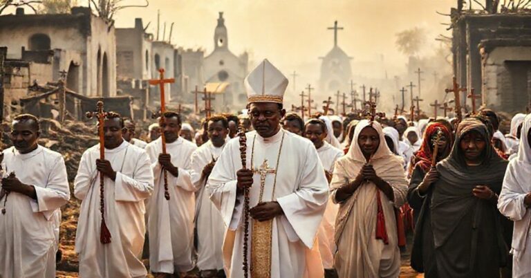 Modlitwa katolicka procesja w Nigerii z krzyżami i różańcami przed zniszczonymi kościołami