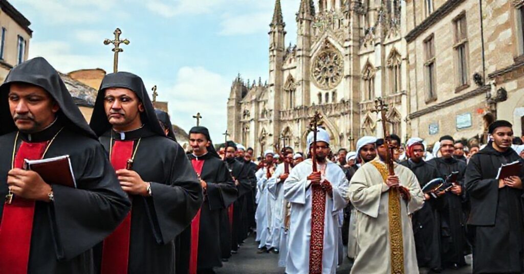 Procesja katolicka w tradycyjnych szatach religijnych przechodząca przez francuski miasto, z młodymi muzułmanami obserwującymi na tle gotyckiego katedry.