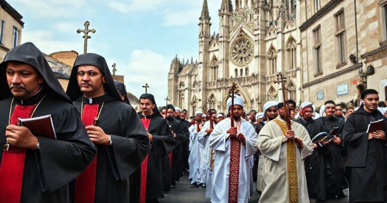 Procesja katolicka w tradycyjnych szatach religijnych przechodząca przez francuski miasto, z młodymi muzułmanami obserwującymi na tle gotyckiego katedry.