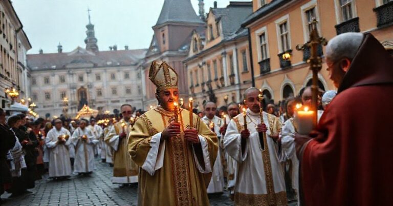 Procesja katolicka z modlitwą różańcową w polskim mieście; zgoda prezydenta Nawrockiego z tradycją chrześcijańską