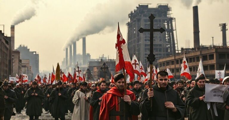 Katy Ekspresyjna procesja katolicka w zdewastowanym regionie przemysłowym z modlącymi się robotnikami i fabrykami na tle