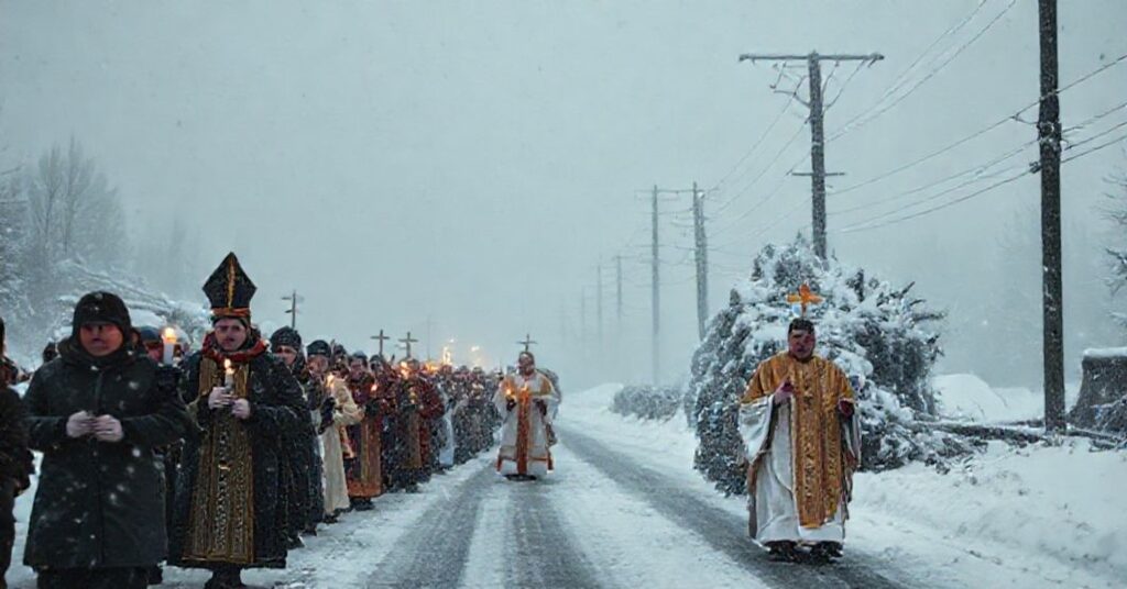 Procesja katolicka podczas burzy śnieżnej w Polsce południowej z kapłanem i wiernymi modlącymi się za wiarę i nawrócenie
