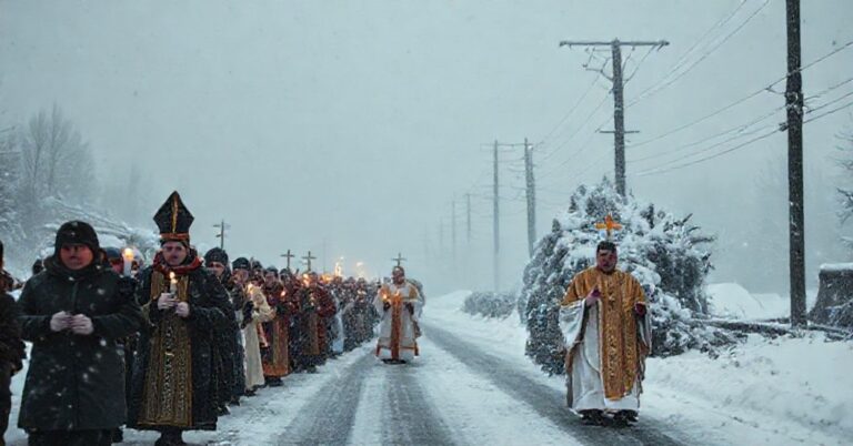 Procesja katolicka podczas burzy śnieżnej w Polsce południowej z kapłanem i wiernymi modlącymi się za wiarę i nawrócenie