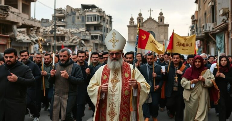 Powierzchowna nadzieja wśród ruin: katoliccy wierni w procesji w Syrii pod przewodnictwem kapłana w tradycyjnych szatach liturgicznych