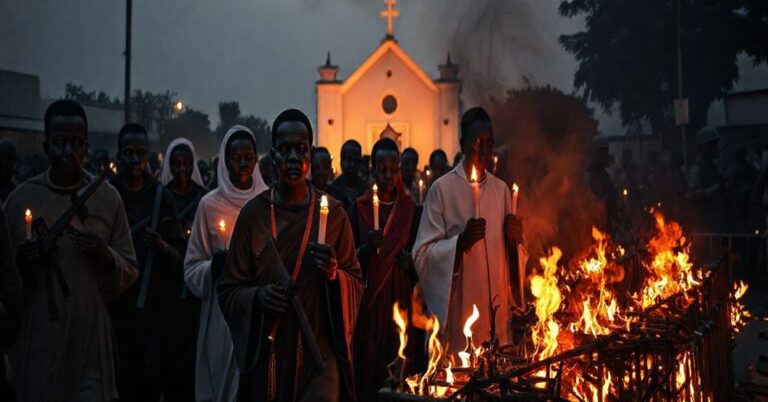 Katolicki procesja w Tanzanii podczas krwawego zamieszek wyborczych, z wierzącymi trzymającymi świece i różaniec przed wojskiem i palącymi się barieradami.