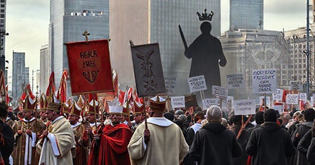 Tradycyjna katolicka procesja z bannermi Chrystusa Króla w tle demonstracje protestu "Konwoju Wolności"