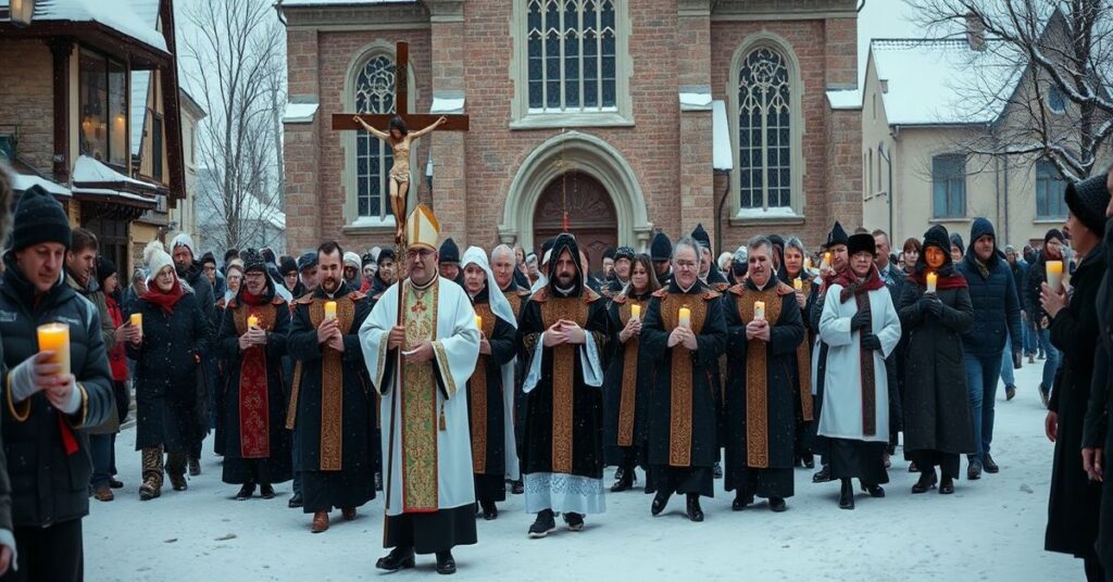 Pielgrzymka katolicka w tradycyjnych szatach w polskim mieście z wielkim krzyżem na czele procesji, otoczona modlitwą i świetłem świec.