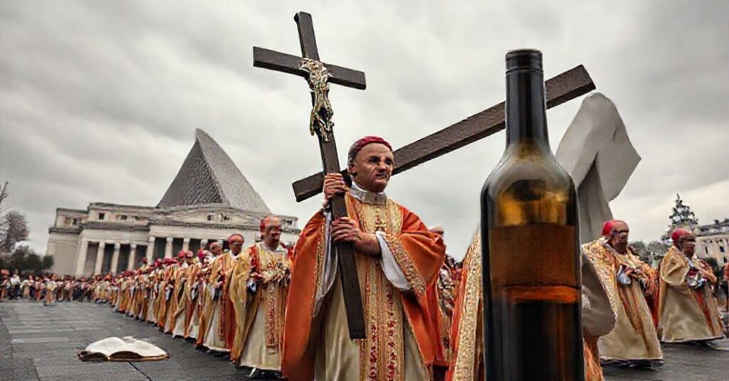 Prawdziwa katolicka procesja prowadzona przez biskupa w pełnym ornacie liturgicznym, idąca obok przechylonego modernistycznego pomnika w Wiedniu. Na pierwszym planie widoczna butelka wina i porzucona książka kucharska.