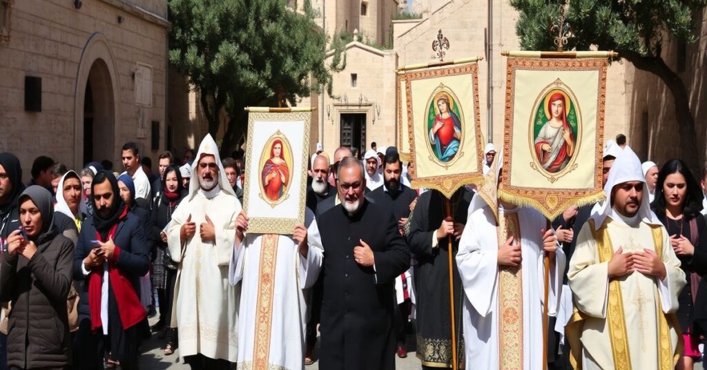Procesja katolicka w Ziemi Świętej z kapłanami w ornatach i wiernymi modlącymi się o ochronę chrześcijańskich wspólnot przed modernistycznymi narracjami