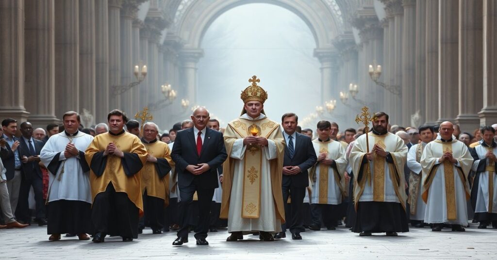 Jasne świąteczne przedstawienie tradycyjnej katolickiej procesji na Wielkanocny Poniedziałek z kapłanem trzymającym monstrancję i politykami w świeckim ubiorze na tle.