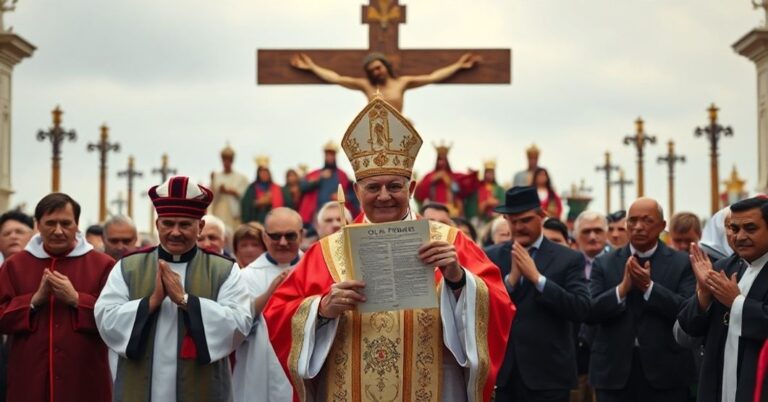 Procesja katolicka z krzyżem i modlącymi się wiernymi na tle, symbolizująca boską władzę Chrystusa Króla nad narodami.