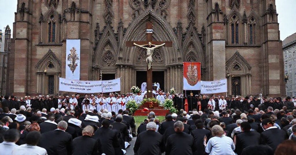 Procesja katolicka przed katedrą we Wrocławiu z krucyfiksem i wiernymi modlącymi się na kolanach