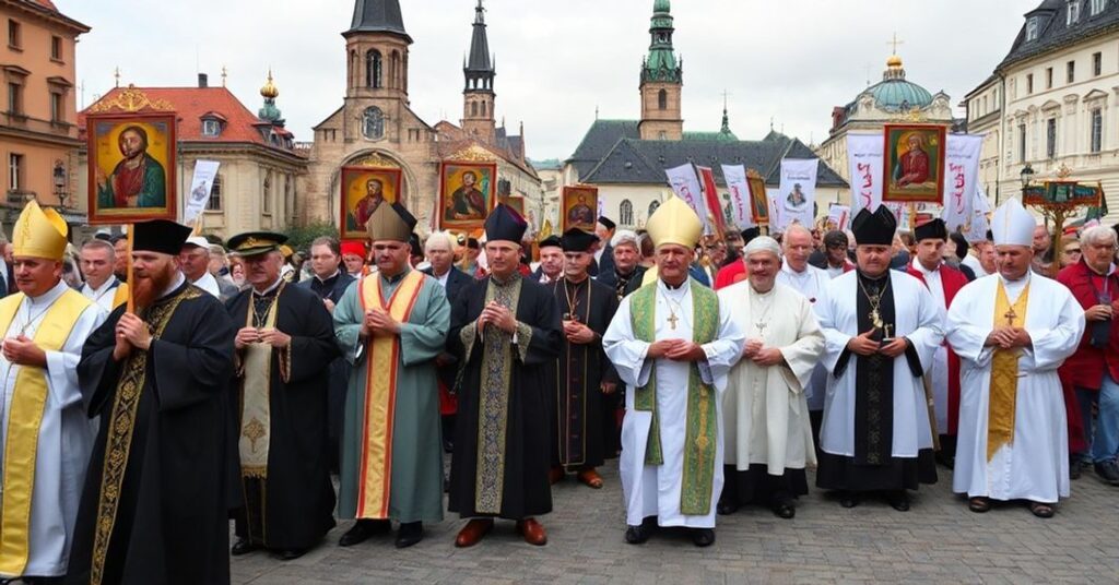 Procesja katolicka w Polsce w 2025 roku z ikonami Chrystusa Króla, kontrastująca z ekumenistycznym zebraniem nowoczesnych 'biskupów' i liderów innych wyznań.
