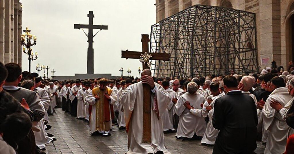 Procesja katolicka z krzyżem Golgoty przed monumentem krzyża w Dozulé