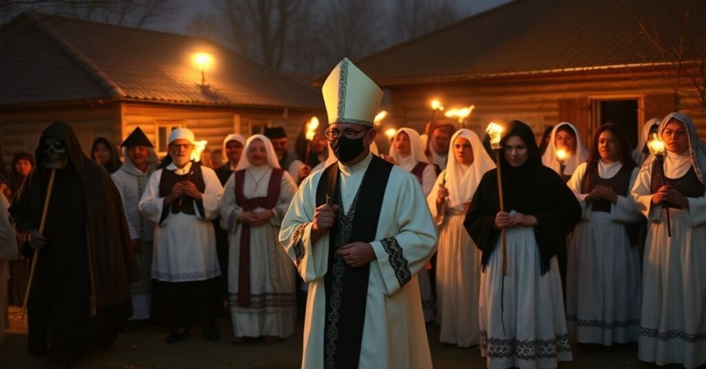 Procesja katolicka w kaszubskiej wiosce z tradycyjnymi kolędnikami i niepokojącymi elementami pogańskimi.