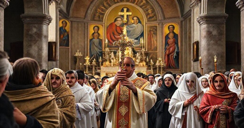 Procesja katolicka z uchodźcami polskimi i ukraińskimi pod przewodnictwem kapłana z monstransem, w obecności świętych. Scena ukazuje prawdziwe miłosierdzie chrześcijańskie opartą na łasce Bożej, a nie traumatycznych mechanizmach psychologicznych.