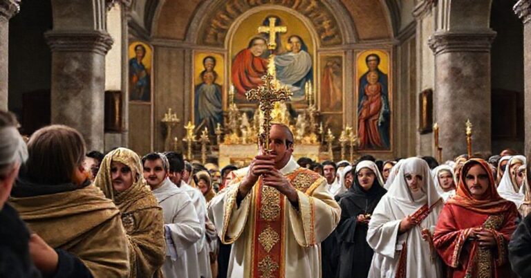 Procesja katolicka z uchodźcami polskimi i ukraińskimi pod przewodnictwem kapłana z monstransem, w obecności świętych. Scena ukazuje prawdziwe miłosierdzie chrześcijańskie opartą na łasce Bożej, a nie traumatycznych mechanizmach psychologicznych.