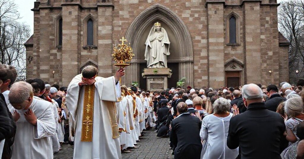 Katolicka procesja z Najświętszym Sakramentem przed polską cerkwią z prominentnym pomnikiem Chrystusa Króla