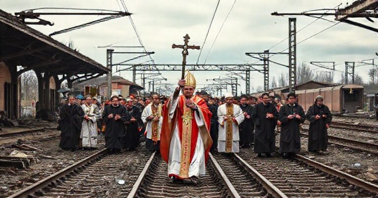 Procesja katolicka z biskupem w stroju liturgicznym w zniszczonej stacji kolejowej w Polsce. Zawadzone tory i oznaki sabotażu otaczają uczestników, podkreślając potrzebę pokuty i przywrócenia społecznego panowania Chrystusa