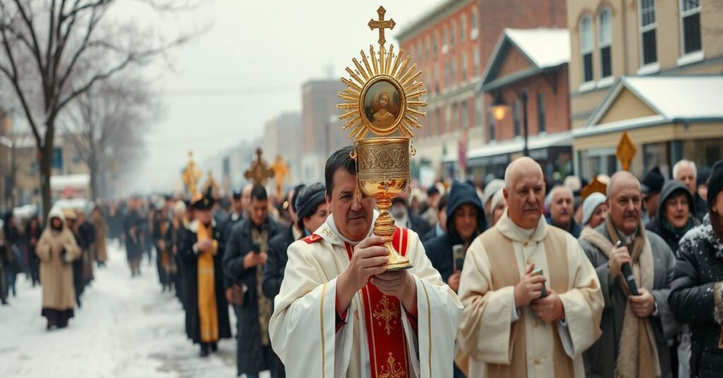 Pogrzebowa procesja katolicka w Greenville podczas katastrofy zimowej w 2026 roku.