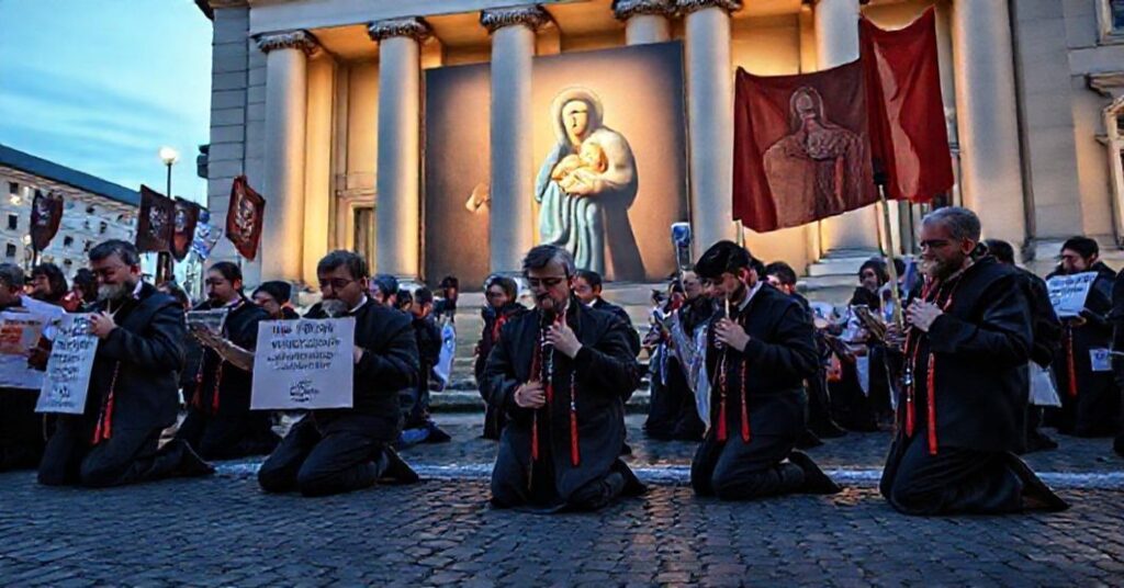 Grupa tradycyjnych katolików modli się przed Wiedenskimi Künstlerhausem przeciwko bluźnierczej wystawie sztuki