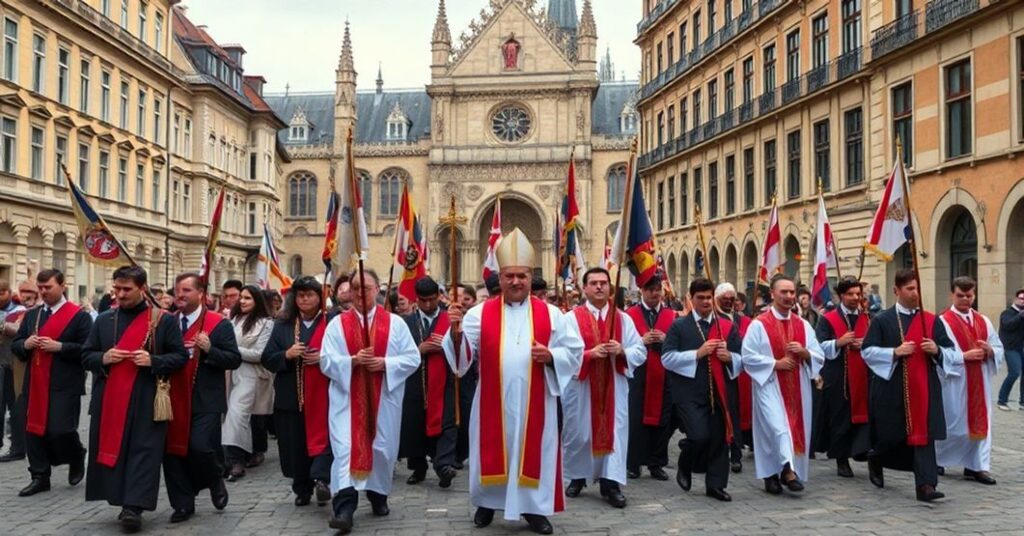 Procesja katolickich dyrektorów szkół pod religijnymi sztandarami na tle średniowiecznej architektury