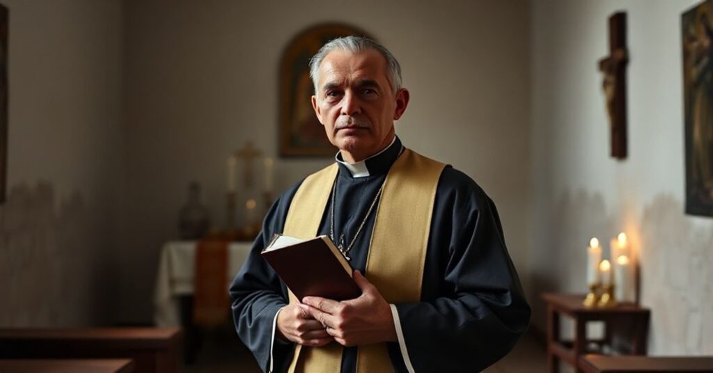 Katolicki ksiądz w tradycyjnym strój misjonarskim stoi w prostym meksykańskim kaplicy z modlitewnikiem i krzyżem