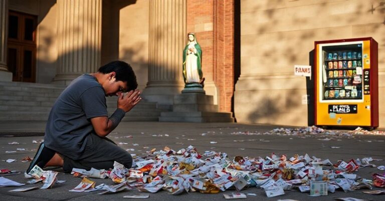 Młodzi katolicy modlący się przed uszkodzonym automatem z antykoncepcją na kampusie Uniwersytetu Northwestern.