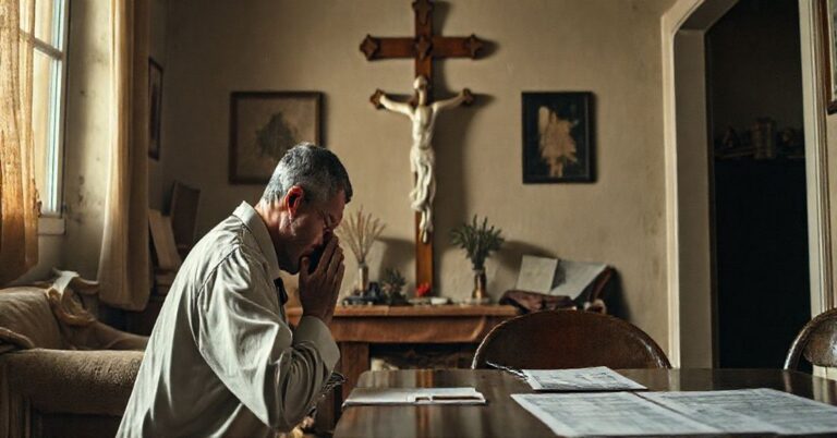 Człowiek modlący się przed krzyżem z dokumentami finansowymi na stole, symbolizujący katolicką refleksję nad majętnością i odpowiedzialnością duchową