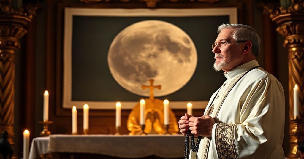 Tradycyjny katolicki ksiądz w pełnym stroju liturgicznym stoi przed ołtarzem z płonącymi świecami w tle widoczna jest stara fotografia krateru księżycowego Carroll z misji Artemis II.
