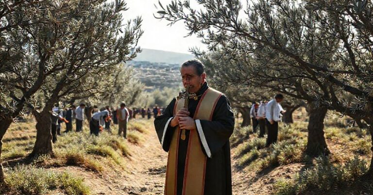 Tradycyjny katolicki widok na palestyńskich rolników pielęgnujących olivy na Zachodnim Brzegu w obecności osadników izraelskich. Na tle ikonografii chrześcijańskiej.