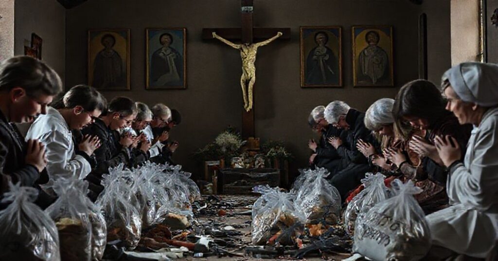 Tradycyjne sceny katolickie z modlącymi się wiernymi przed krzyżem na tle ogarniętego przemocą świata