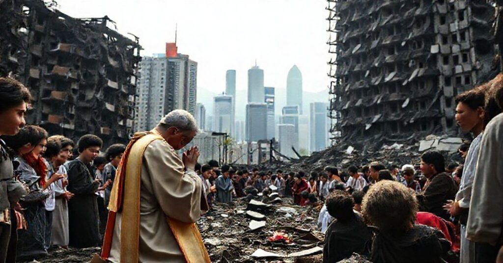 Poważna katolicka scena po pożarze w Hongkongu. Ksiądz w ornaty modli się za ofiary tragedii.