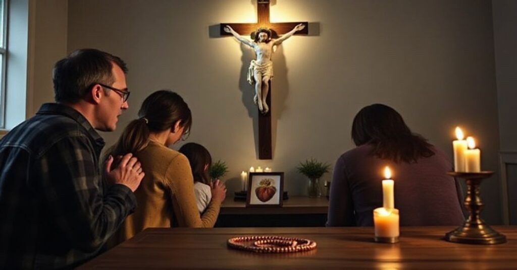 Pokorná katolická rodina modli się przed tradičním křížem s touhou po božím milosrdenství.