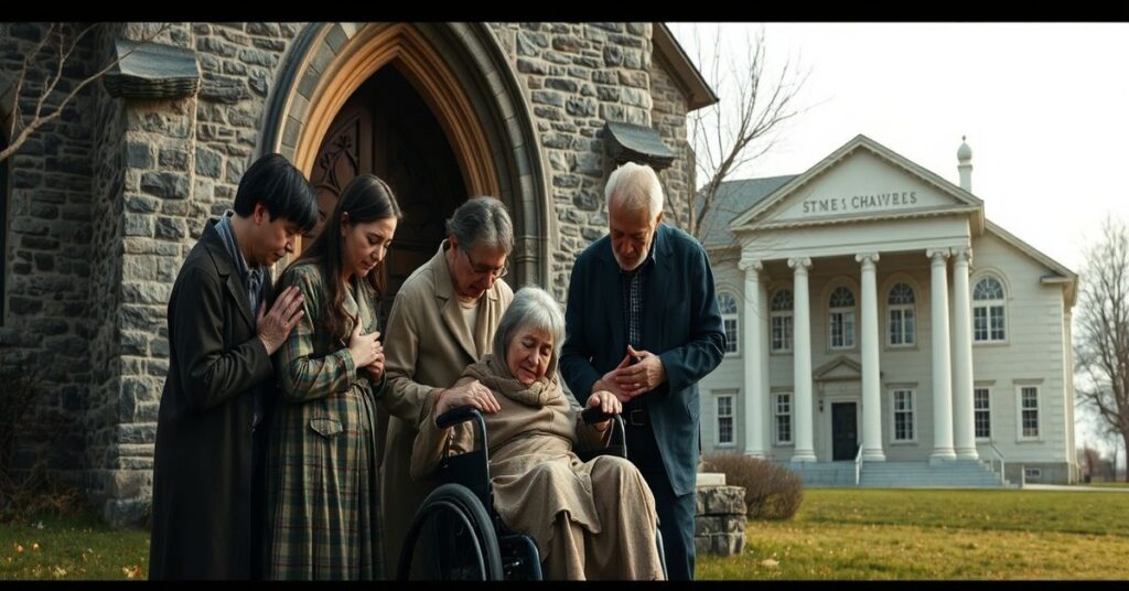 Rodzina modląca się przed starym kościołem kamiennym z osobą niepełnosprawną na wózku inwalidzkim otoczoną przez bliskich. W tle widoczny jest ponury budynek urzędu państwowego symbolizujący biurokratyczny system pomocy społecznej.