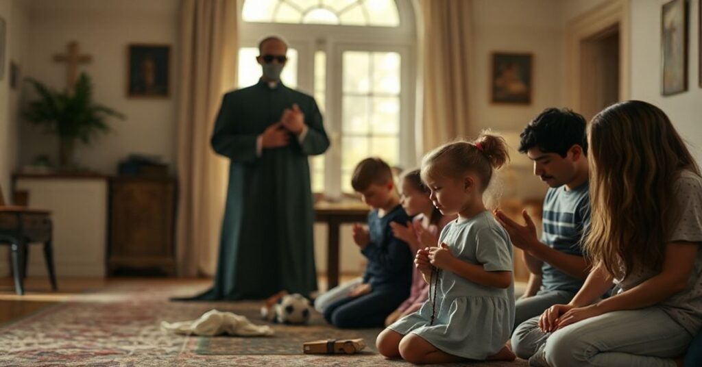 Rodzina katolicka w modlitwie przed rzeźbą Chrystusa Króla, z cieniącą się technokratyczną władzą w tle.