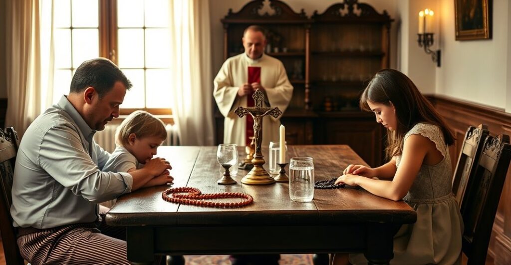 Rodzina katolicka modli się w tradycyjnym domu z kapłanem na tle, podkreślając Bożą naturę praw rodzicielskich