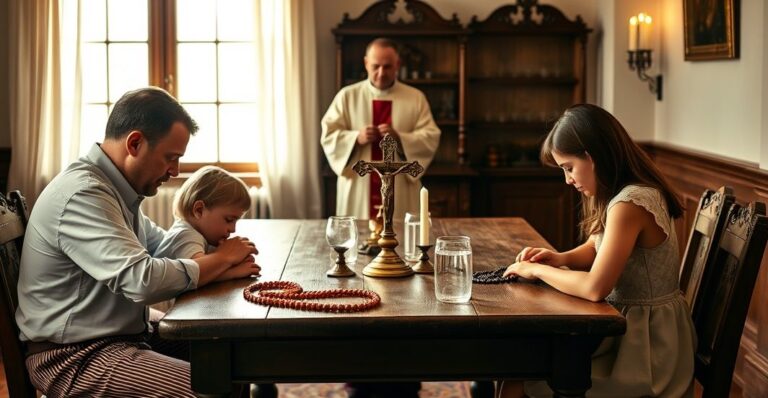 Rodzina katolicka modli się w tradycyjnym domu z kapłanem na tle, podkreślając Bożą naturę praw rodzicielskich