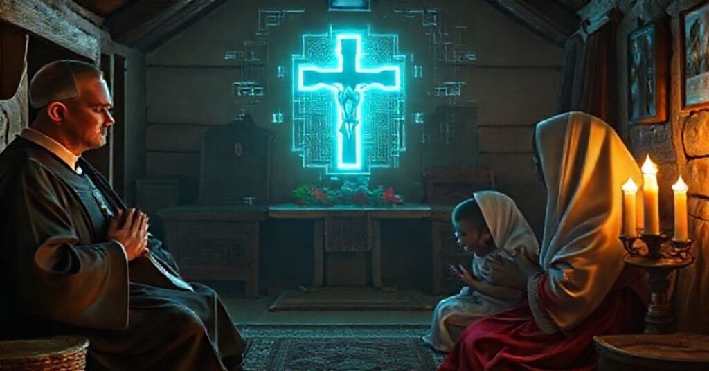 Tradycyjna rodzina katolicka modli się w domu z cyfrowym ID w tle - zagrożenie dla wolności