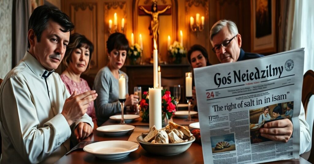 Tradycyjna katolicka rodzina podczas Wielkiego Postu czytająca kontrowersyjny artykuł z 'Gościa Niedzielnego' o islamskim zwyczaju prawa soli