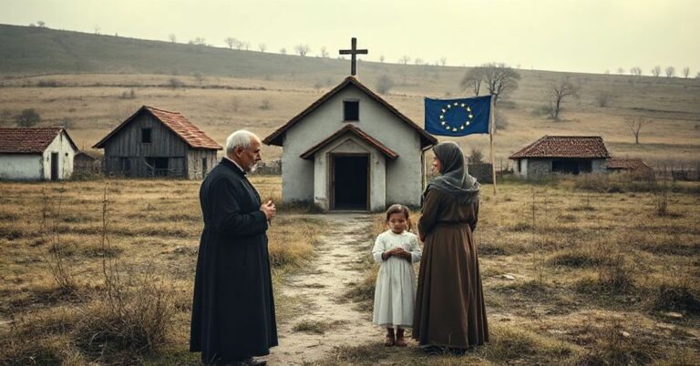 Opuszczona wiejska miejscowość z tradycyjną katolicką rodziną modląca się w kaplicy.