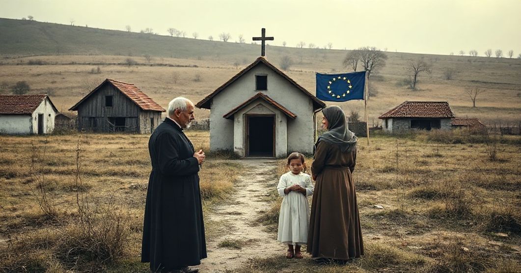 Katolicka rodzina na tle demograficznego kryzysu w Europie Opuszczona wiejska miejscowość z tradycyjną katolicką rodziną modląca się w kaplicy.