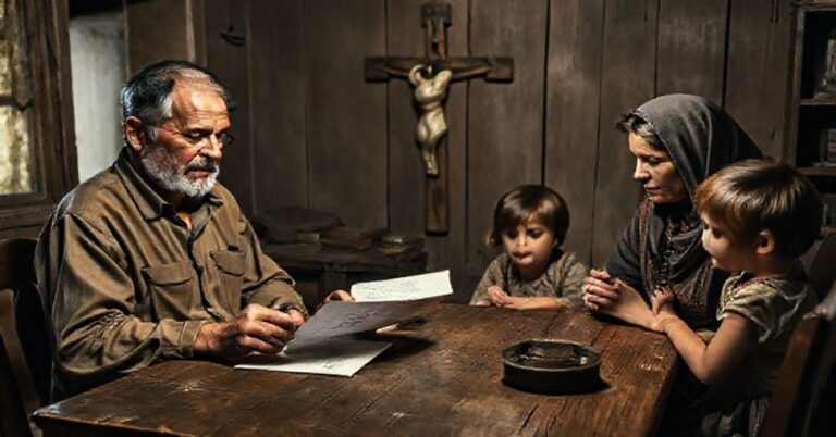 Tradycyjna katolicka rodzina w ubogim domu zmagająca się z długami finansowymi, z krzyżem wiszącym na ścianie.