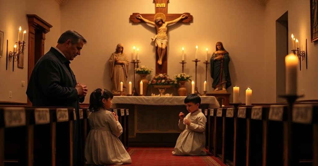 Zdjęcie przedstawiające katolicką rodzinę modlącą się podczas Dni Emberowych w Adwencie w prostej kaplicy przy świetle świec. Scena podkreśla pokutę i przygotowanie duchowe na Boże Narodzenie.