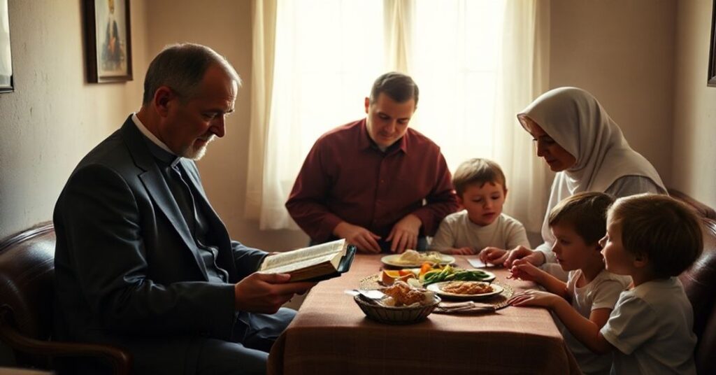 Tradycyjna katolicka rodzina w domowym wnętrzu z ojcem czytającym Biblię dzieciom