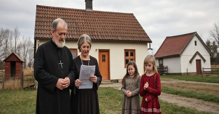 Tradycyjna katolicka rodzina stojąca przed domem z garażem, patrząca na wiadomość o podatkach