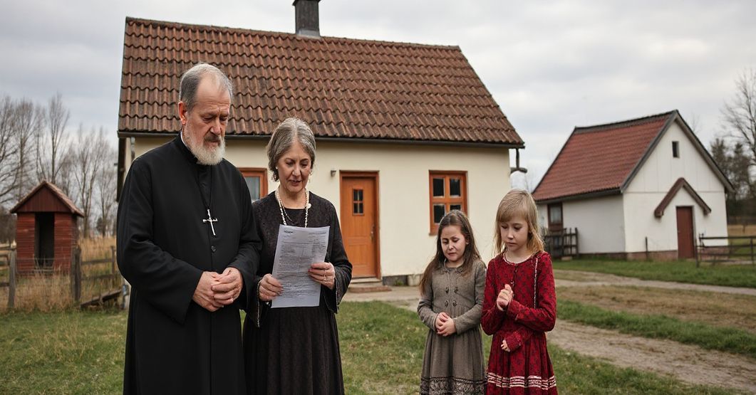 Tradycyjna katolicka rodzina stojąca przed domem z garażem, patrząca na wiadomość o podatkach