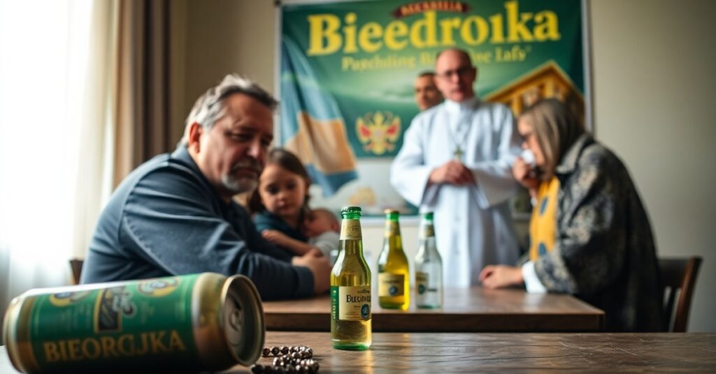 Ciężki obraz alkoholizmu w rodzinie katolickiej z reklamą Biedronki w tle