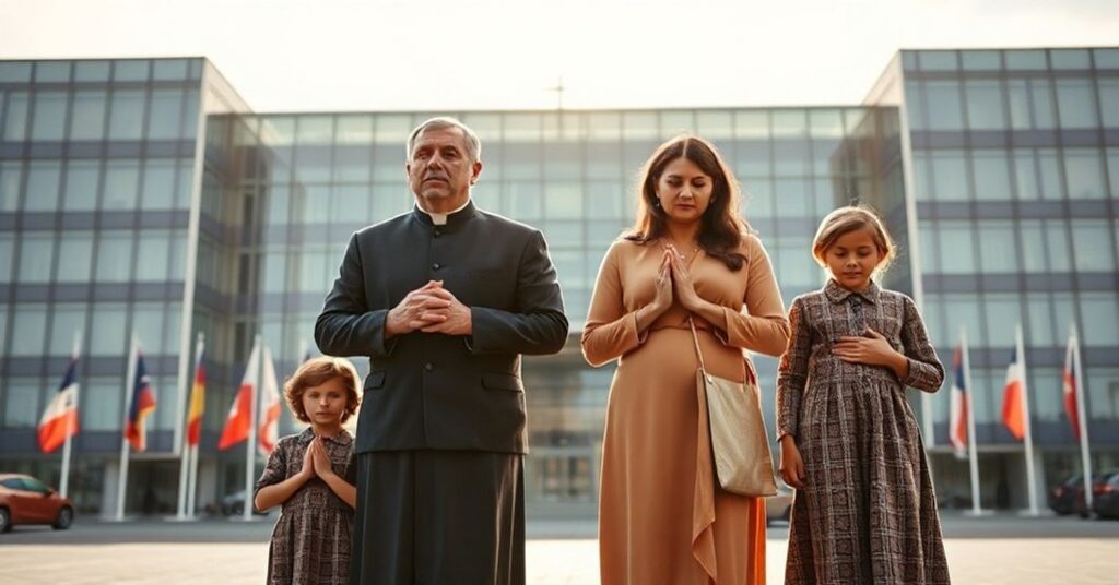 Rodzina katolicka modląca się przed siedzibą UE w Brukseli, otoczona symbolicznym światłem ochronnym.